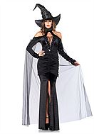Witch, costume dress, high slit, wrinkles, velvet, cape